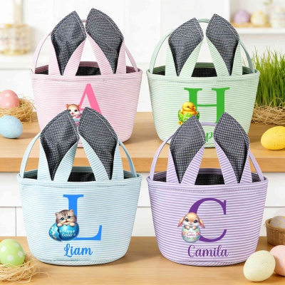 Custom Name Cracked Egg Animal Alphabet Easter Basket with Bunny Ears, Easter Egg Hunt Basket, Seersucker Easter Goodie Bag, Easter Gift for Kids
