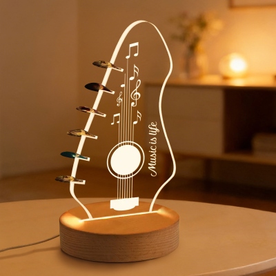 Personalized Name Headstock Light Up Picks Holder, 7 Colors Acrylic LED Light with Wooden Base, Picks Storage and Display, Gift for Guitarists/Players