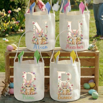 Custom Name Bunny & Floral Alphabet Easter Basket, Cotton Linen Easter Bucket Bag with Bunny Ears, Easter Party Favor, Easter Gift for Kids/Boys/Girls