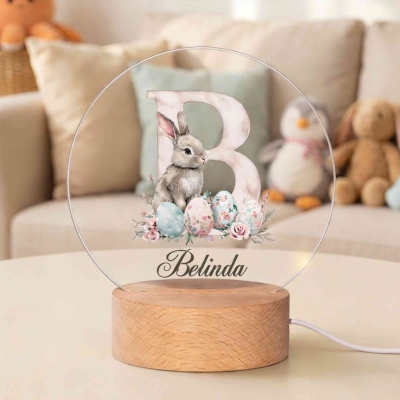 Personalized Name Watercolor Bunny & Easter Eggs Floral Alphabet LED Night Light, Acrylic Night Lamp with Wooden Base, Birthday/Easter Gift for Kids