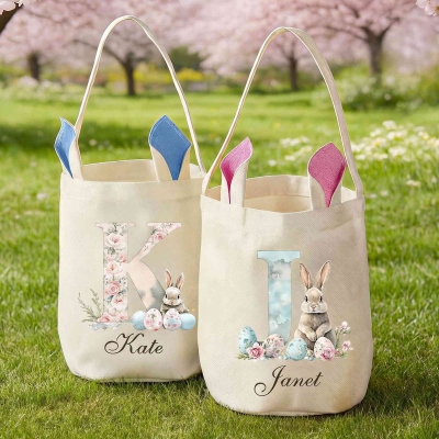 Custom Name Watercolor Rabbit & Easter Eggs Floral Alphabet Bucket Bag with Bunny Ears, Cotton Linen Easter Egg Hunt Basket, Easter Gift for Kids