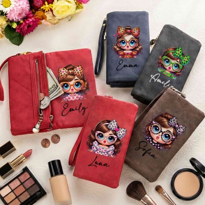 Custom Name Leopard Cartoon Baby Girl Tri-Fold Wallet, Leather Wallet Card Phone Holder with Wrist Strap, Birthday/Mother's Day Gift for Her/Wife/Mom