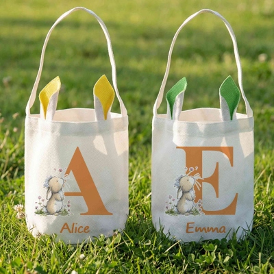 Personalized Name Floral Bunny Alphabet Easter Basket, Cotton Linen Easter Egg Hunt Bucket Bag with Bunny Ears, Easter Gift for Kids/Boys/Girls