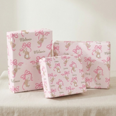 Personalized Name Pink Bow Bunny Wrapping Papers (Set of 3), A3/A2/Standard Holiday Gift Wraps, Baby Shower/Easter Gifts for Kids/Babies/New Parents