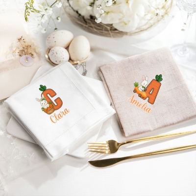 Custom Name Bunny & Carrot Alphabet Linen Napkin, Easter Party Dinner Napkin, Easter Table Decor, Housewarming/Easter Gift for Hostess/Kids/Family