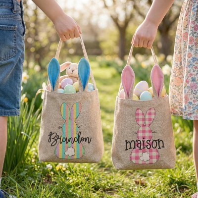 Personligt namngivet påskharekorg, påskäggjaktspåse i bomullslinne med kaninöron, vårfestgåva, påskpresent till barn/pojkar/flickor