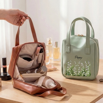 Personalized Name Birth Flower Portable PU Leather Makeup Bag with Handles, Travel Accessories, Birthday/Wedding Gift for Her/Bridesmaids/Women