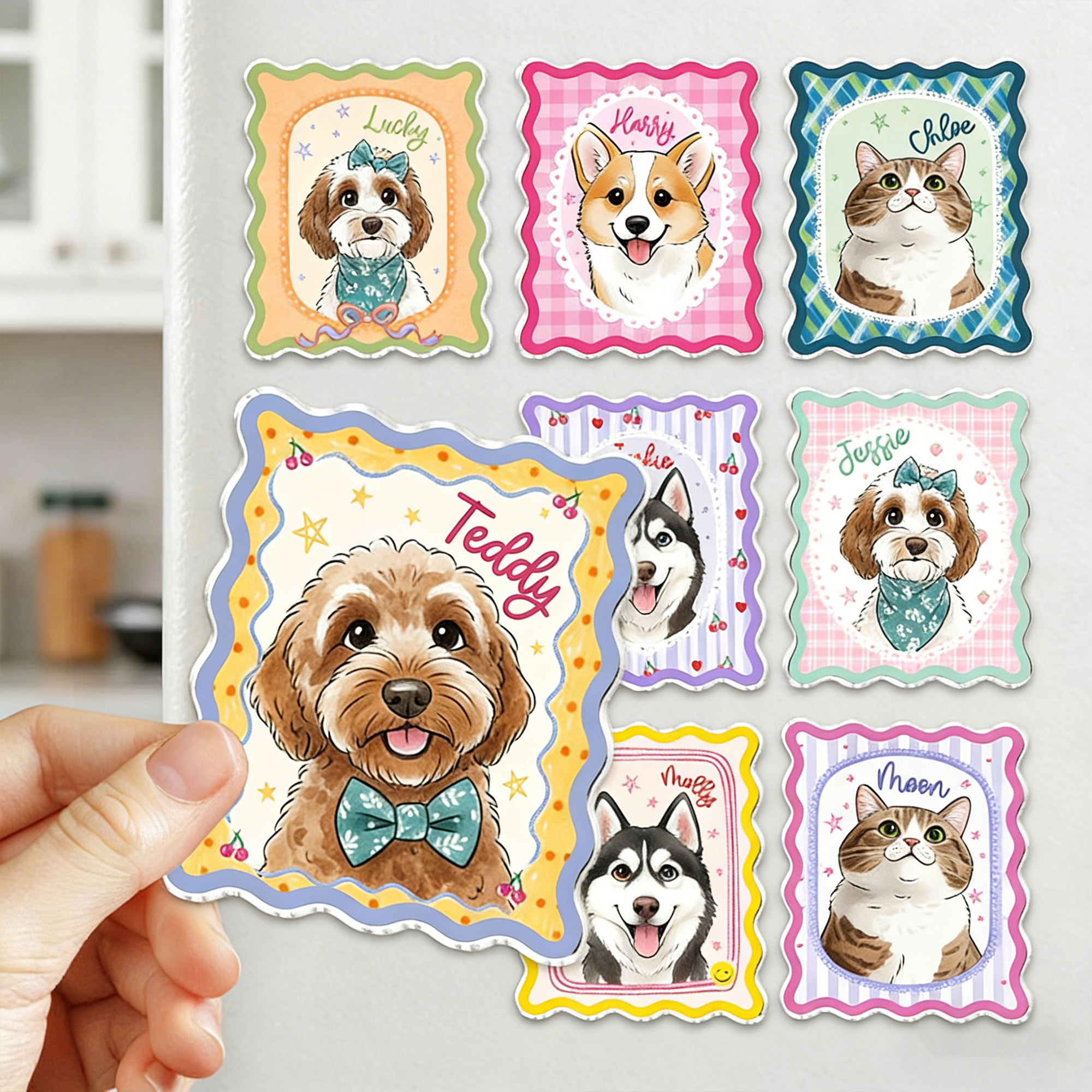 Personalized Watercolor Pet Portrait Cartoon Fridge Magnet with Name, Cute Cat/Dog Photo Frame Magnet, Home Decor, Birthday Gift for Pet Owners/Lovers