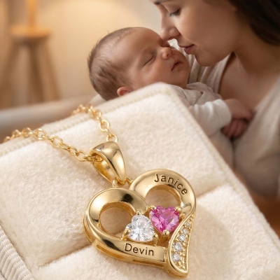 Personalisierte Herzanhänger-Halskette mit zwei Geburtssteinen und Namen, zierlicher Damenschmuck, Muttertags-/Jahrestagsgeschenk für sie/Mama/Oma