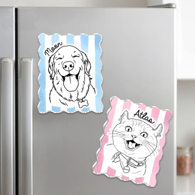 Anpassad randig kylskåpsmagnet med namn och husdjursporträtt, handritad hund-/kattfotomagnet med linjekonst, heminredning, födelsedagspresent till husdjursägare/hundmamma/familj