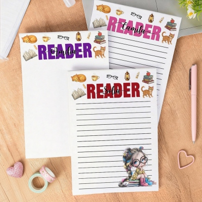 Custom Name Cartoon Reading Girl Character Notepad with 40/80 Pages, Daily Diary, Note-Taking Planner, Birthday/Back to School Gift for Girls/Students