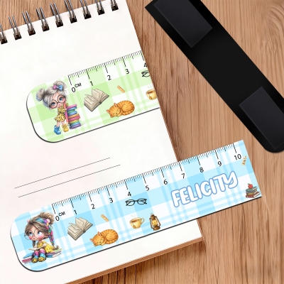 Personalized Name Cartoon Reading Girl Character Ruler Shape Magnetic Bookmark Clip, Birthday/Back to School Gift for Girls/Kids/Book Lovers