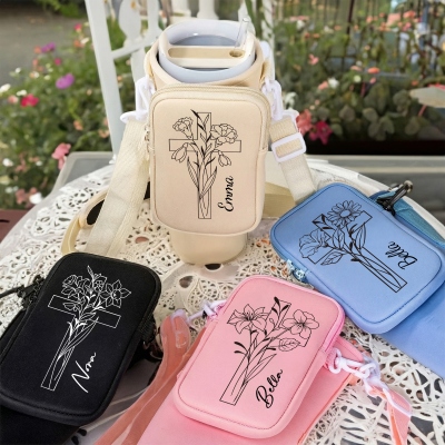 Custom Name Birth Flower Cross Water Bottle Carrier Bag with Pouch, 40oz Tumbler Holder Pouch with Strap, Birthday Gift for Christian Women/Girls