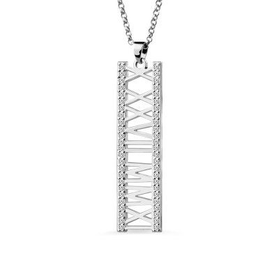 Roman Numeral Vertical Necklace With Birthstones Sterling Silver