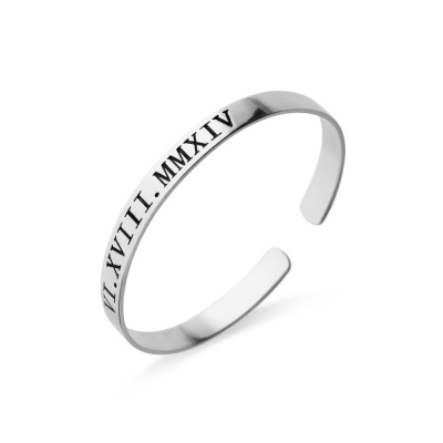 Custom Sterling Silver Cuff Bangle with Roman Numeral Dates