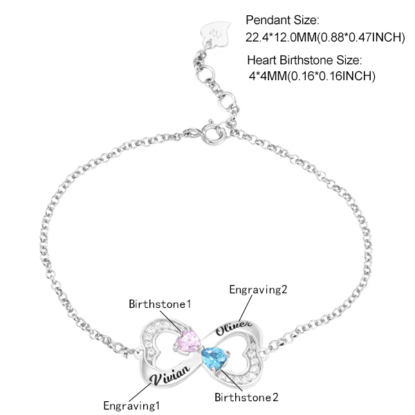 Personalized Double Heart Bracelet with Birthstones in Silver