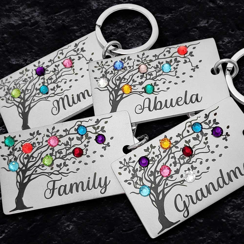 Custom Birthstones Family Tree Keychain, Stainless Steel/Sterling