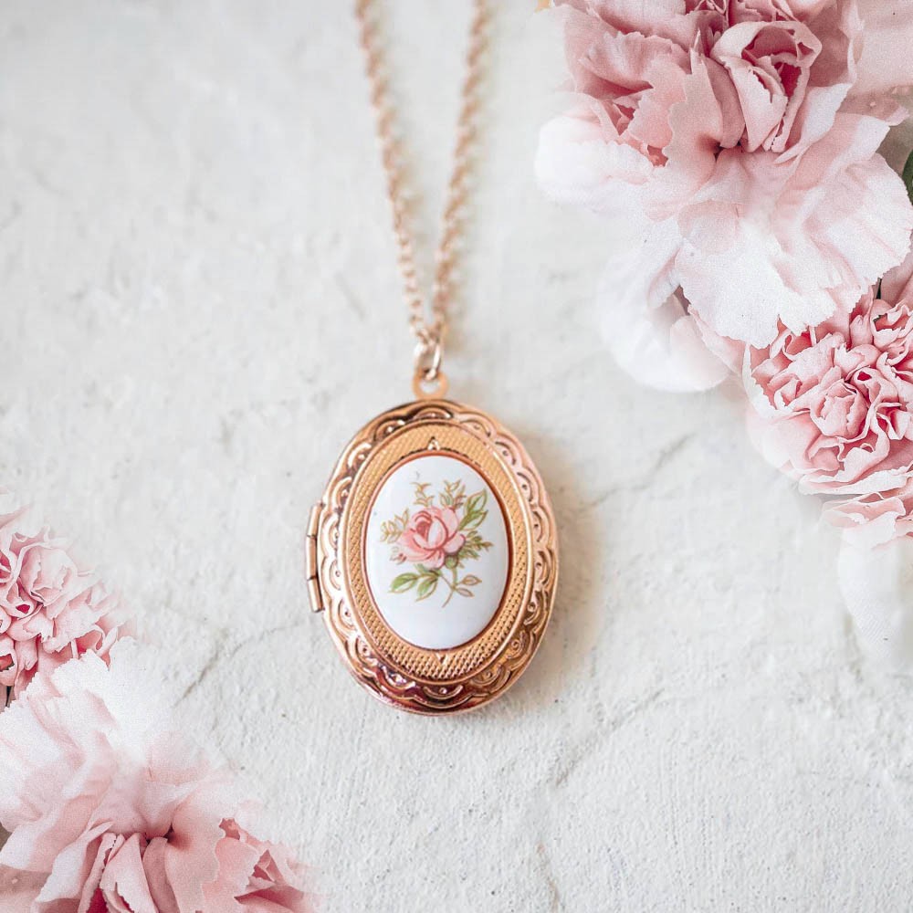 Personalized Vintage Pink Rose Cameo Locket Necklace, Rose Gold Plated