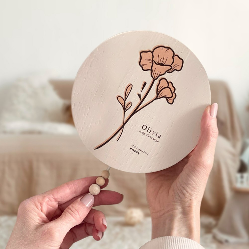 Personalized Birth Flower Music Wall Hanging, Pull String Music Box