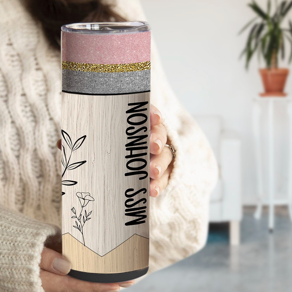 Personalized Teacher Name Tumbler with Straw, Pencil Print Tumbler