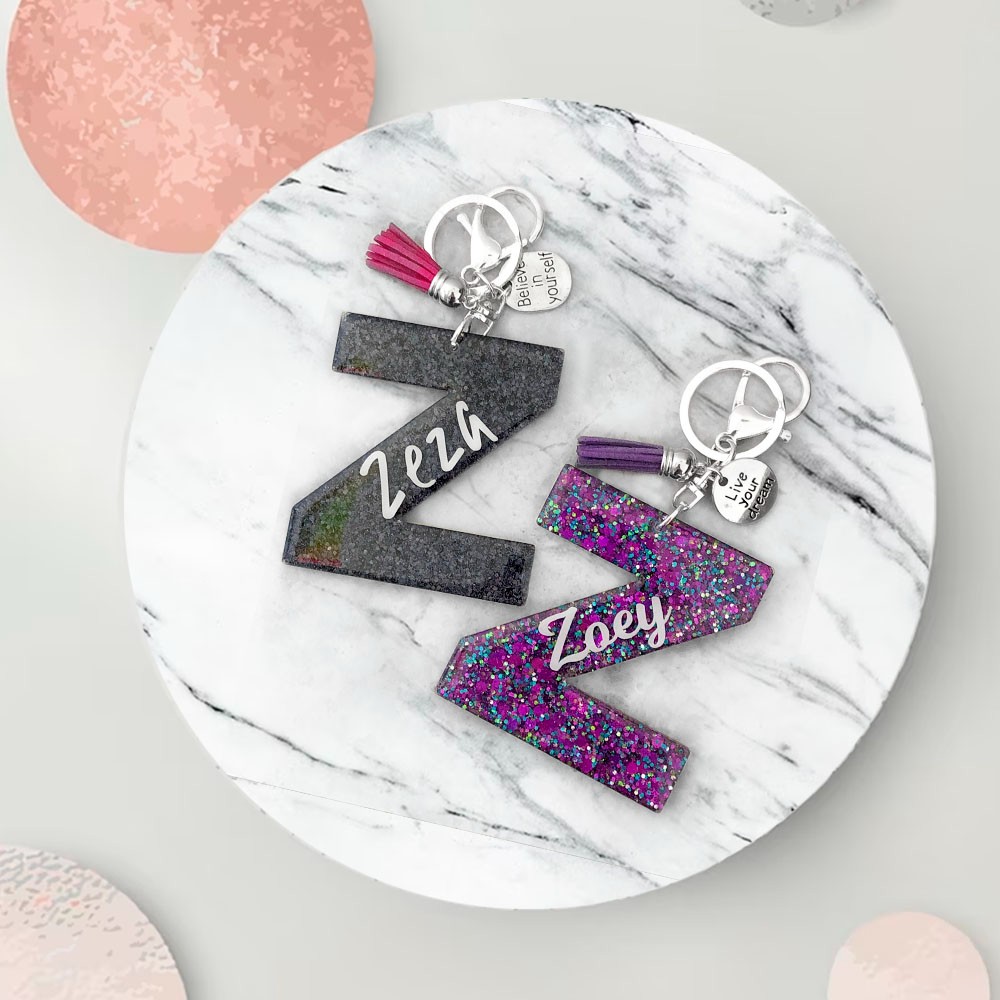 Custom Sparkly Glitter Keychain with Initial & Name, Personalized Acrylic Keychain, Bag Purse