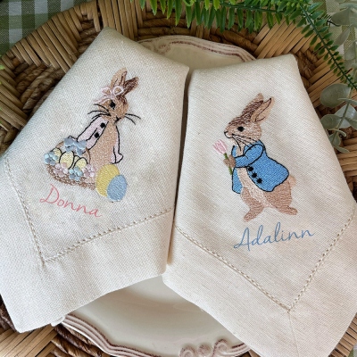 Peter Rabbit Easter Napkins - Embroidered linen napkins -Easter Tablescape- Easter gift - Hostess gift-
