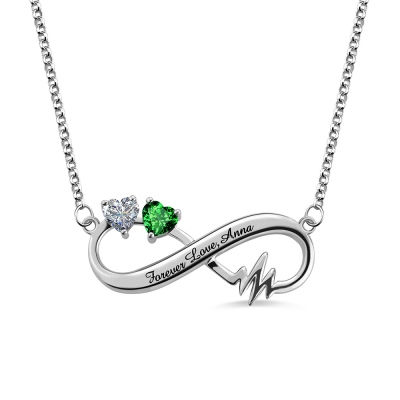 Custom Birthstones Infinity Heartbeat Necklace Platinum Plated