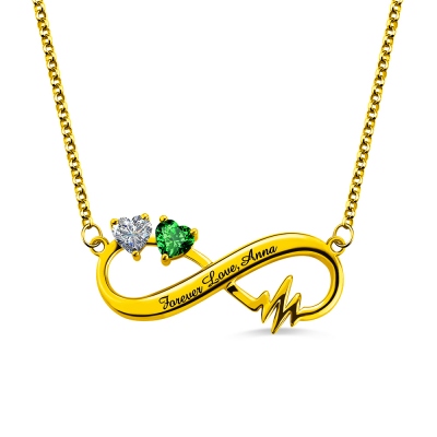 Gold-plated Infinity Heartbeat Necklace with two heart Birthstone