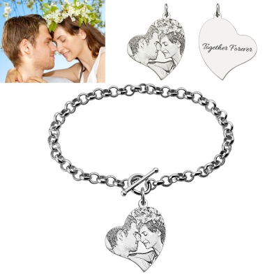 Personalized Heart Photo Engraved Memorial Bracelet Sterling Silver