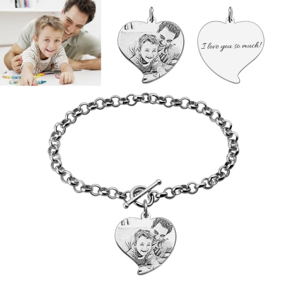 Photo Engraved Heart Charm Bracelet Sterling Silver