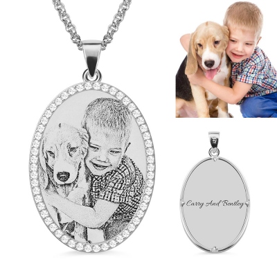 Oval Engraved Kid & Dog CZ Photo Necklace