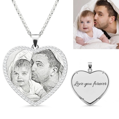 Photo Engraved Heart Necklace With Birthstones Sterling Silver