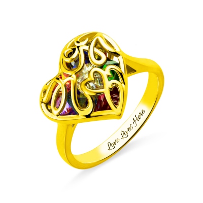 Mother's Heart Cage Ring With Birthstones Gold Plated