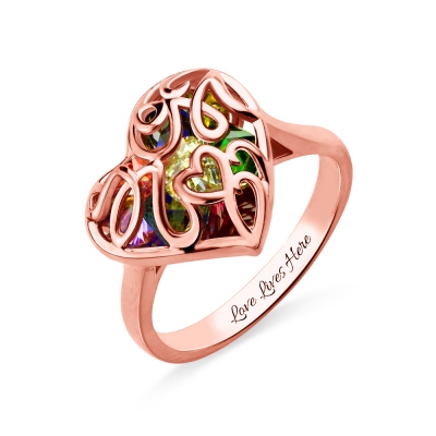 Mother's Heart Cage Ring With Birthstones In Rose Gold
