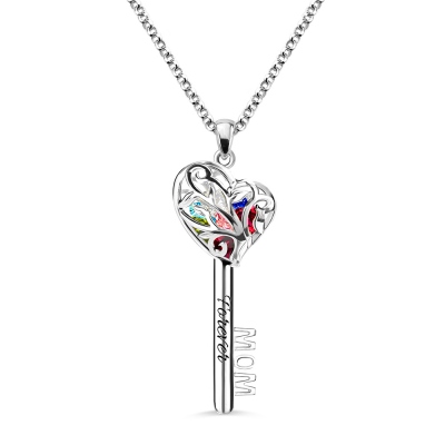 MOM Heart Cage Key Necklace With Birthstones Platinum Plated