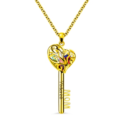 MOM Heart Cage Key Necklace With Birthstones Gold Plated
