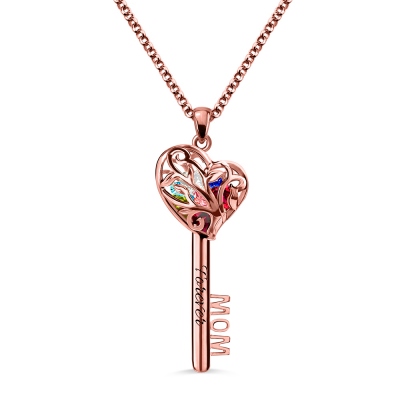 MOM Heart Cage Key Necklace With Birthstones In Rose Gold