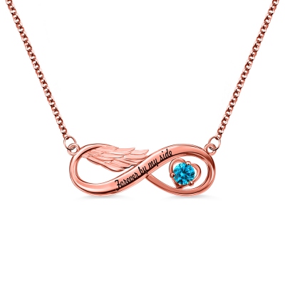 Infinity Angel Wing Necklace With Birthstone In Rose Gold