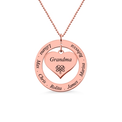Engraved Circle Necklace Grandma Heart Pendant In Rose Gold