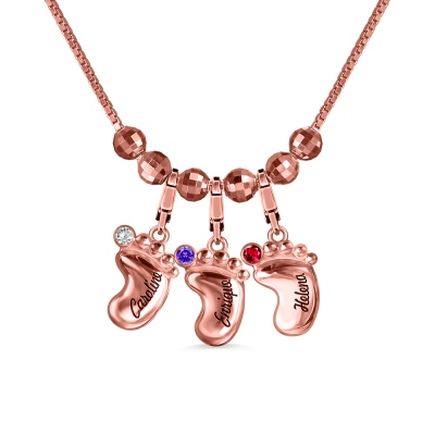 Engraved 3D Baby Feet Name Necklace with Birthstones In Rose Gold