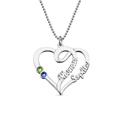 2 Open Hearts Couple Necklace with Names & Birthstones Silver