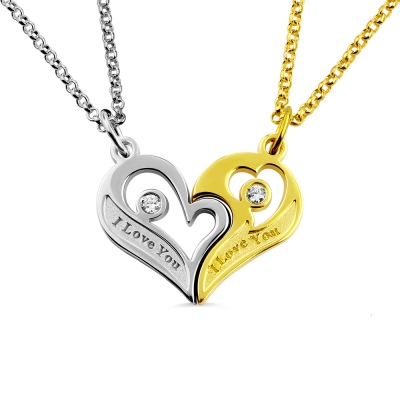 Detachable Couple's Heart Necklace Engraved with Birthstones