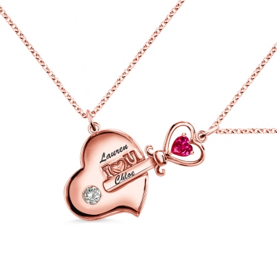 Mother and Daughter Key-to-My-Heart Necklace with Birthstone