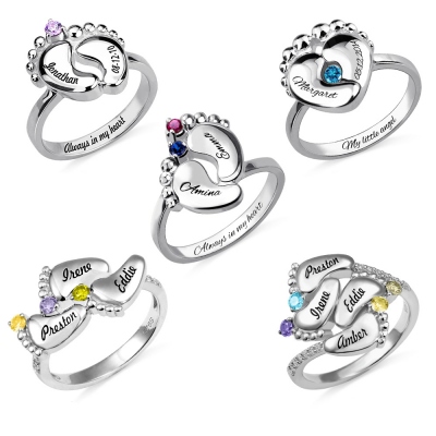 Engraved Five Diverse Baby Feet Birthstones Ring