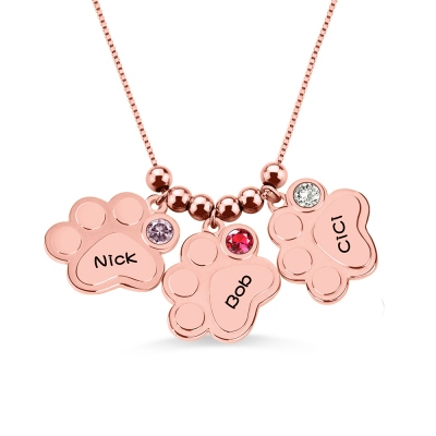 Multiple Engraved Paw Print Necklace With Birthstones In Rose Gold