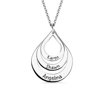 3 Names Engraved Drop Shaped Pendant in Silver Sterling