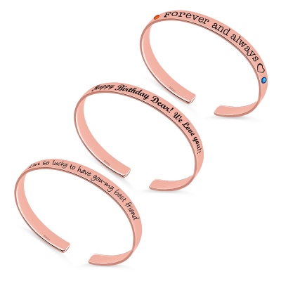 Personalized Engraved Bangle With Birthstones In Rose Gold