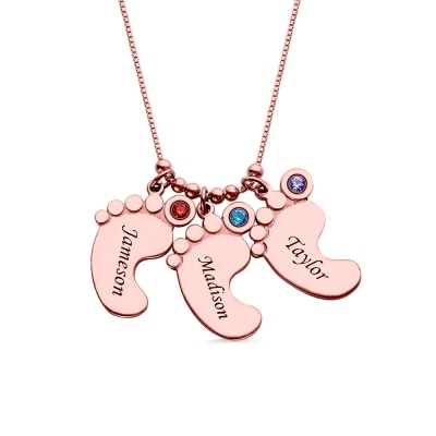 Mother's Pendant: Baby Feet 3 Names Necklace In Rose Gold