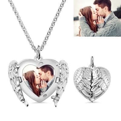 Customized Engravable Angel Wings Sterling Silver Heart Photo Locket Necklace