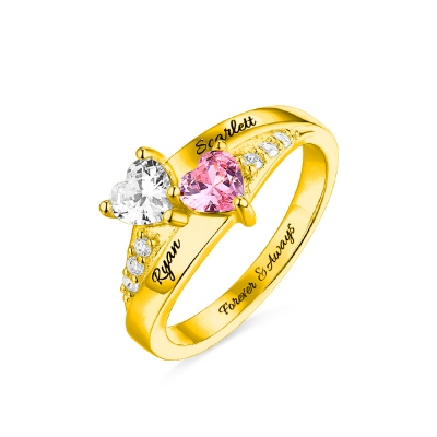 Engraved Double Heart Birthstone Ring Gold Plated
